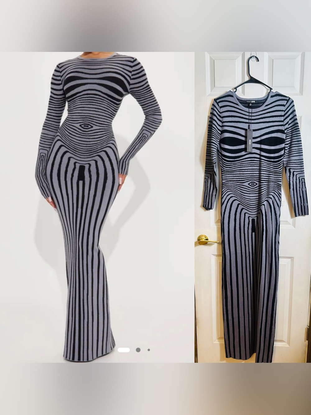 Fashion Nova Gray & Black Long Sleeve Striped Bodycon Maxi Dress